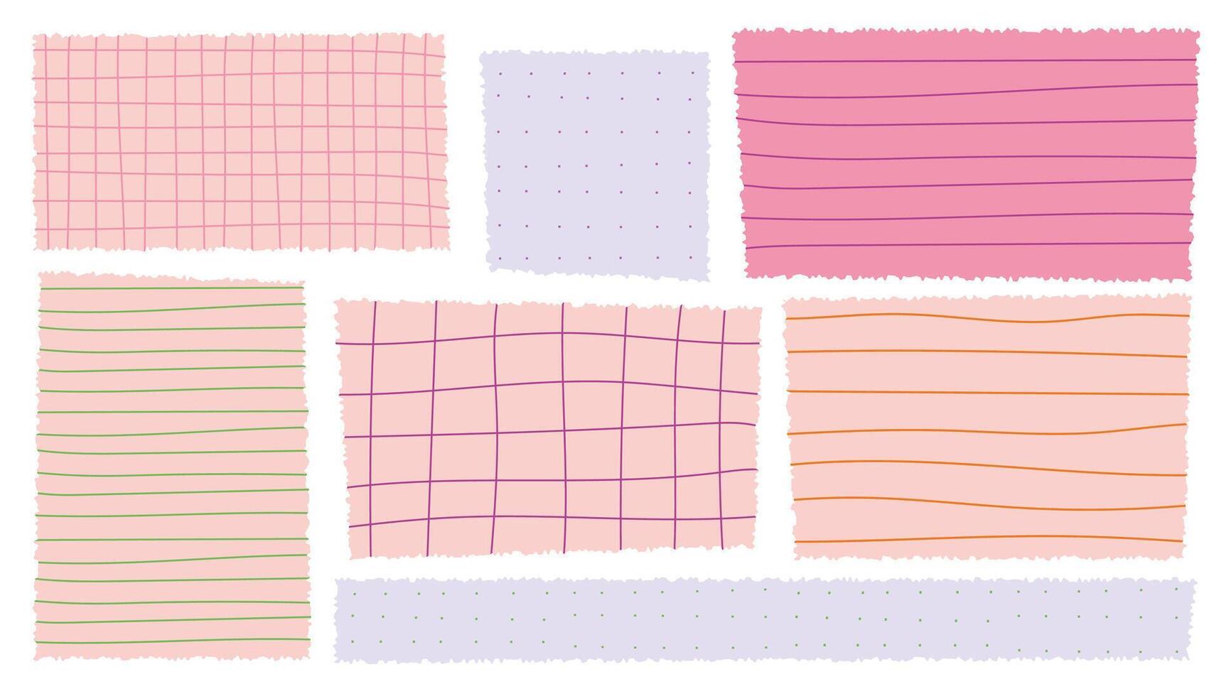 Crayon drawn notebook paper set with grid, lines, dots. Hand drawn colorful notes and funky stickers. Textured square paper for school, math, planner, or bullet journal design. vector