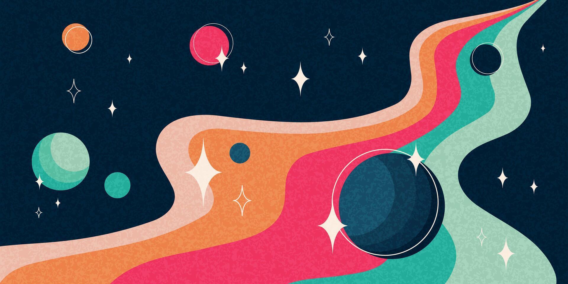 Retro space banner, abstract flat striped path with planets, stars and grainy texture. Abstract cosmos futuristic wallpaper with bright colors. illustration. vector
