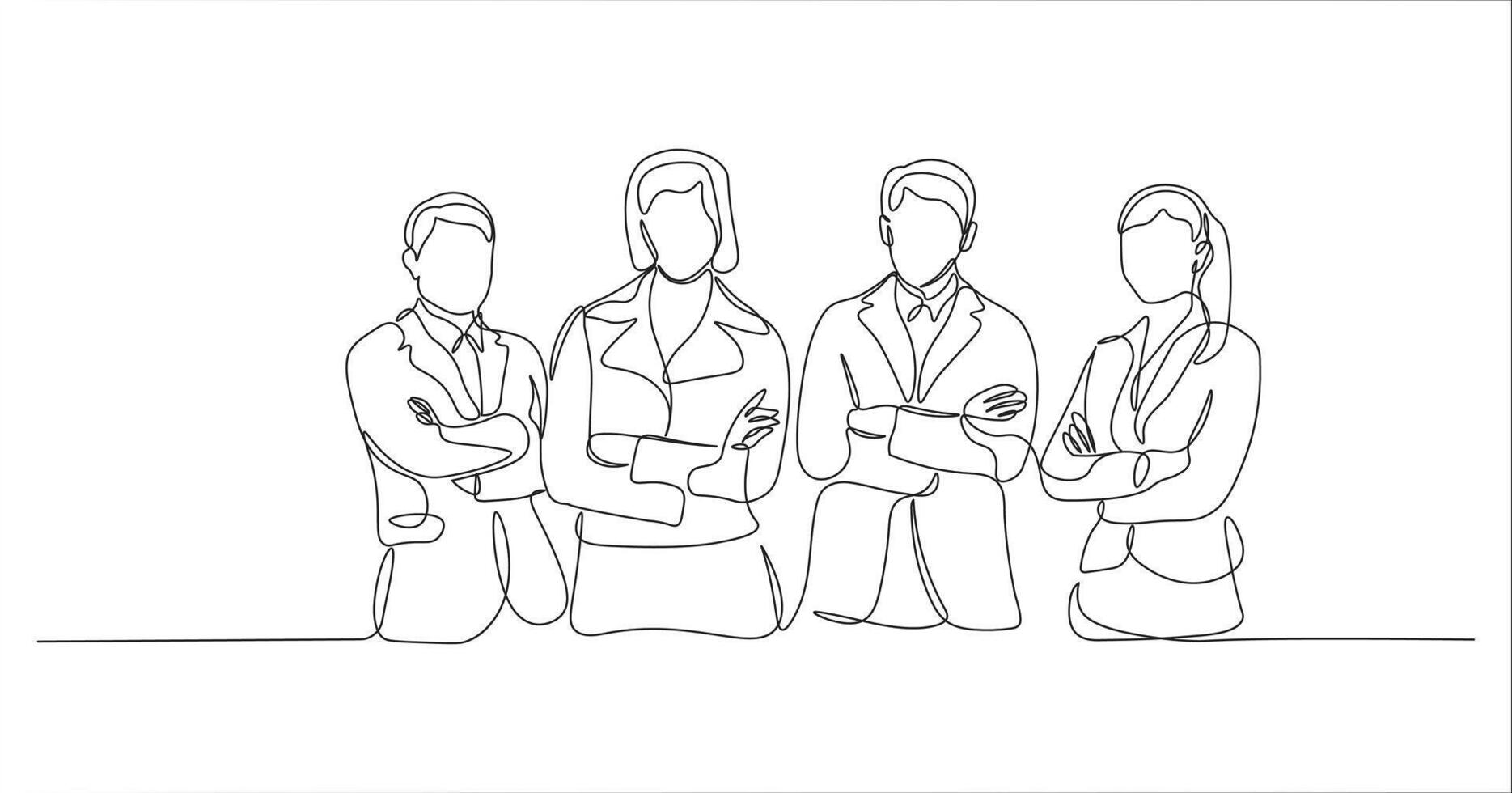 Employees standing confidently in continuous line drawing style. Healthy employee relationship sketch in minimalist black lines isolated on white background. vector