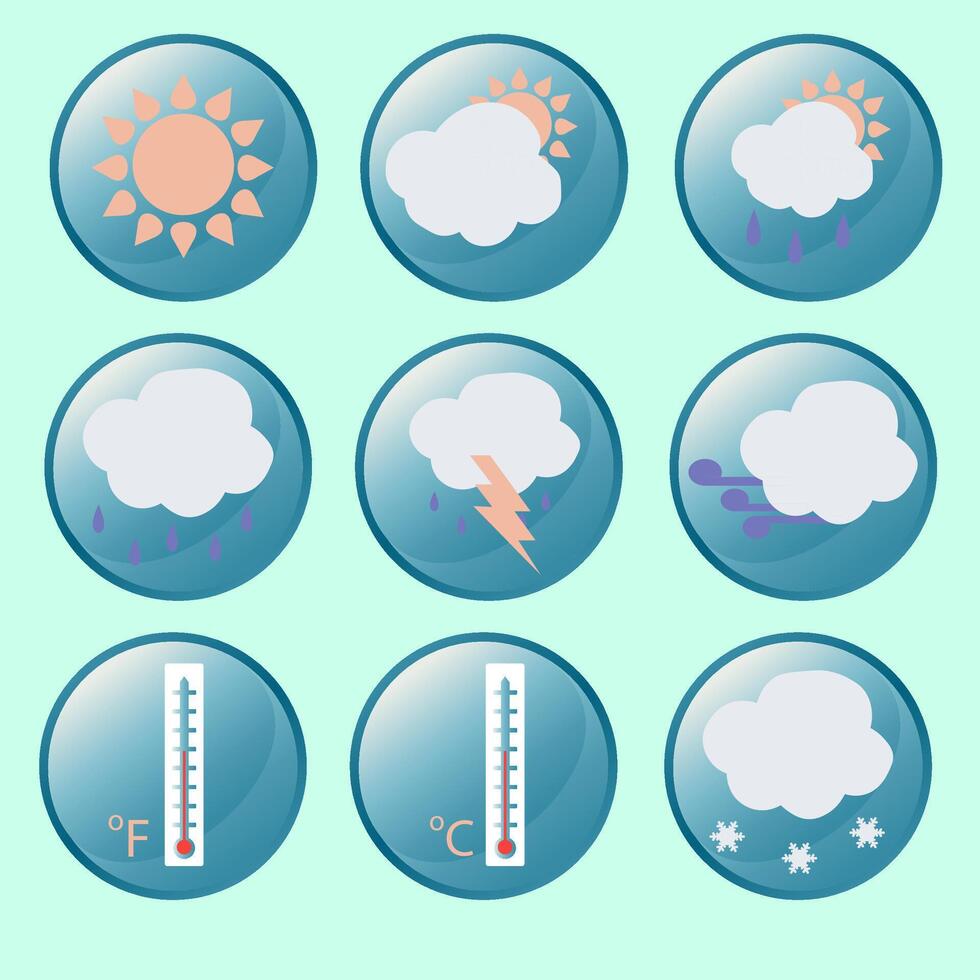 Set of weather icons on light green background vector