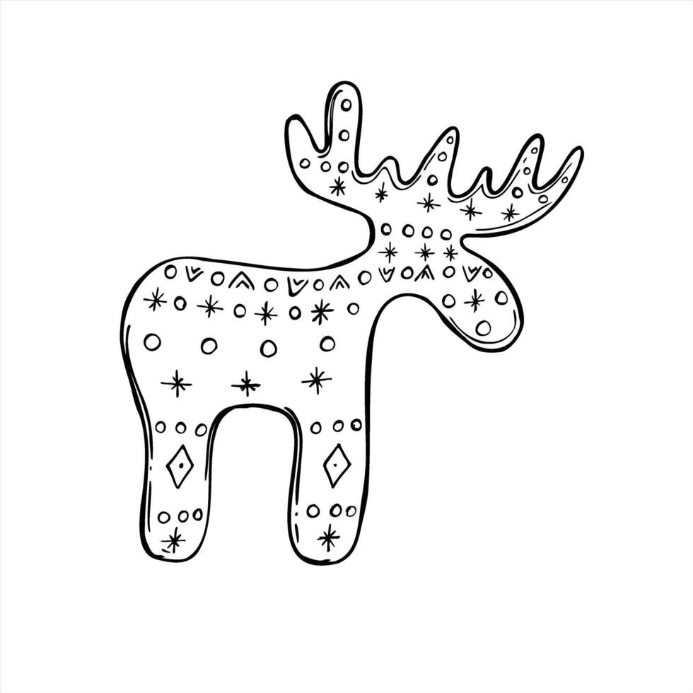 Scandinavian style wooden moose figurine with traditional Nordic patterns monochrome illustration. Deer animal silhouette graphic sketch for winter holiday designs, minimalist home decor vector
