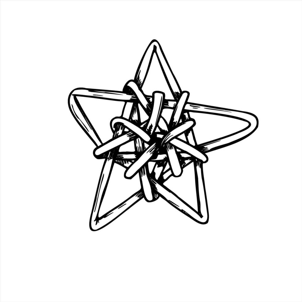 Black and white illustration of traditional woven willow star painted by black inks. Handcrafted wicker element for Scandinavian Christmas decor, eco friendly holiday, rustic wedding ornaments vector