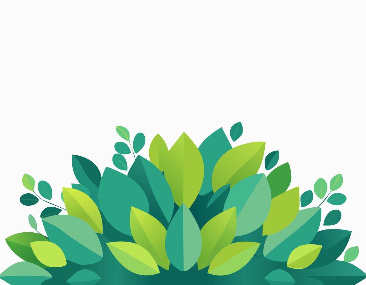 Fresh green foliage bush with layered leaves, simple flat style, large empty white background with copy space, bright nature illustration for decorative eco design. vector