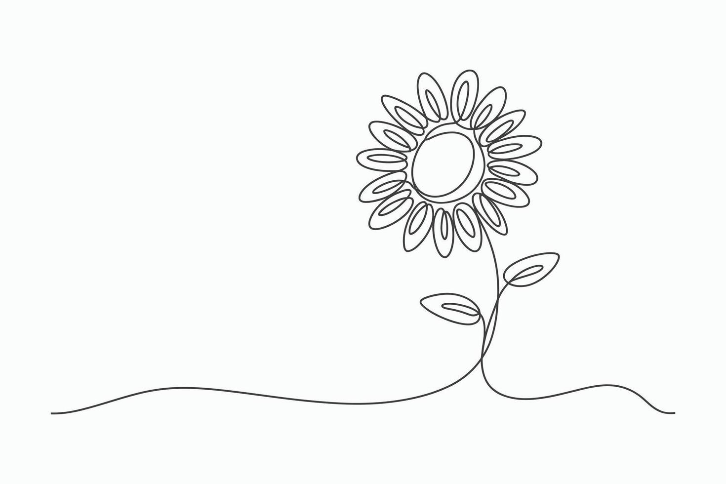 Single line drawing of a sunflower with leaves vector