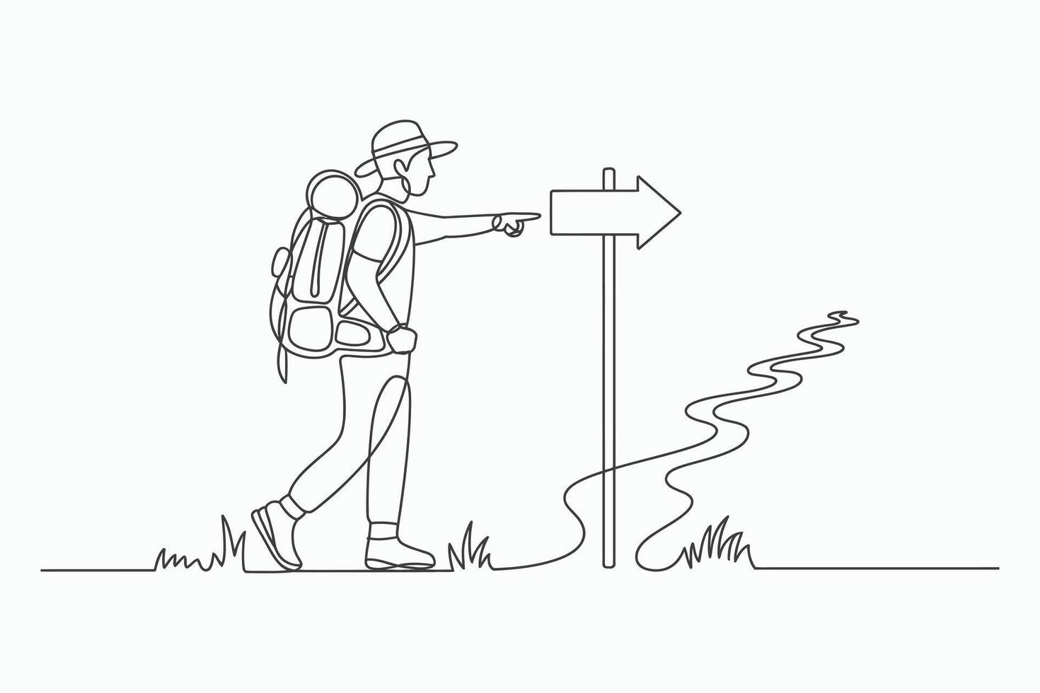 Hiker with backpack following a trail sign vector