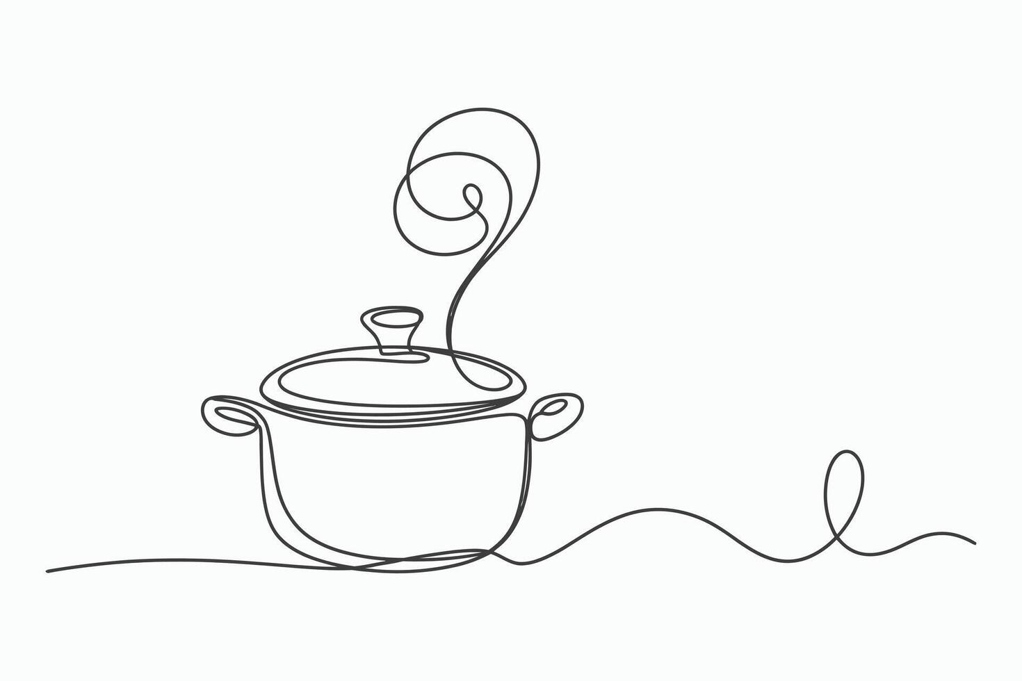 Single line drawing of steaming cooking pot vector