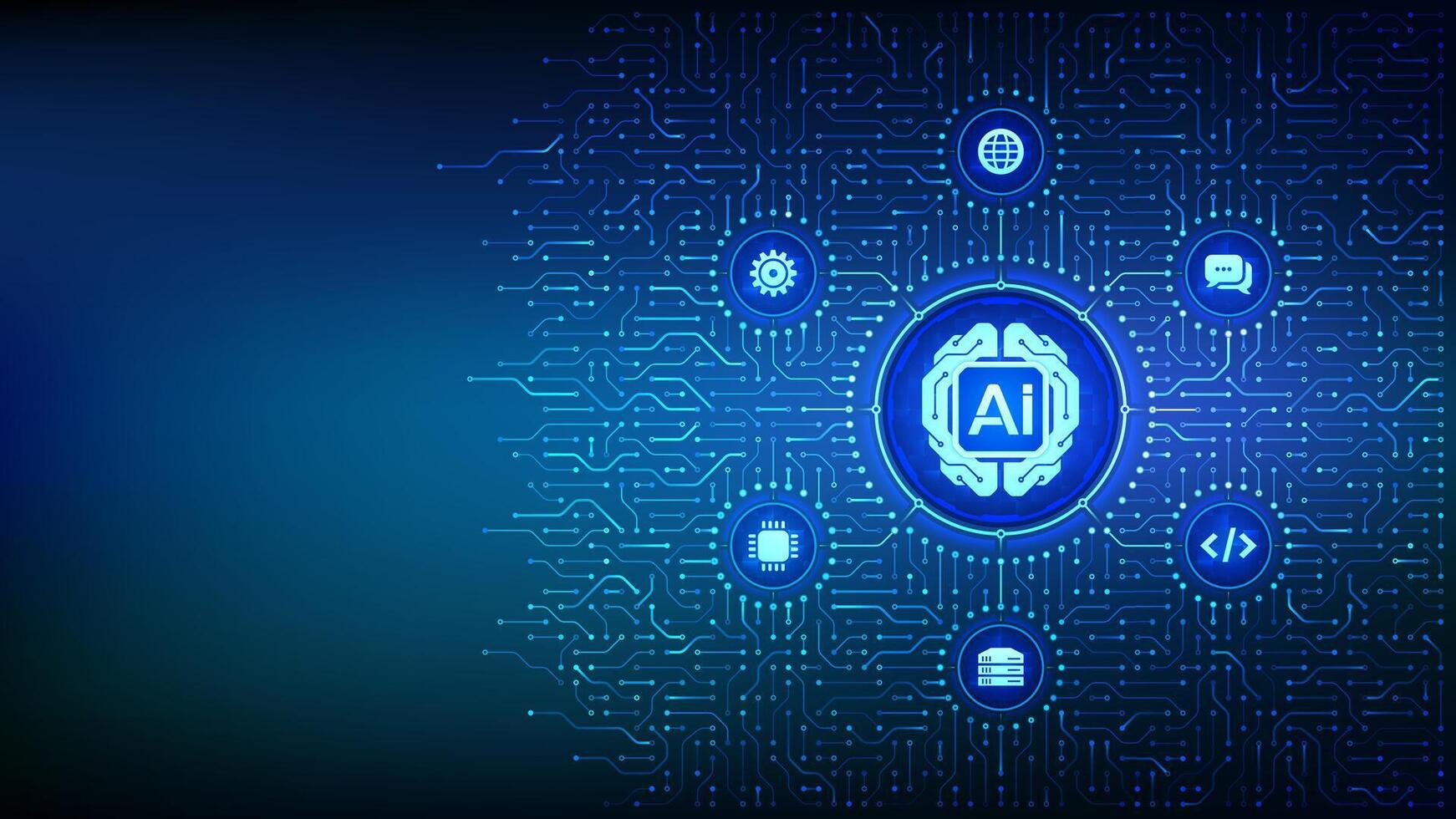 AI. Artificial Intelligence technology. Digital brain. Neural network. Machine learning. Deep learning. Big data analysis. Background with circuit board connections and tech icons. Illustration vector