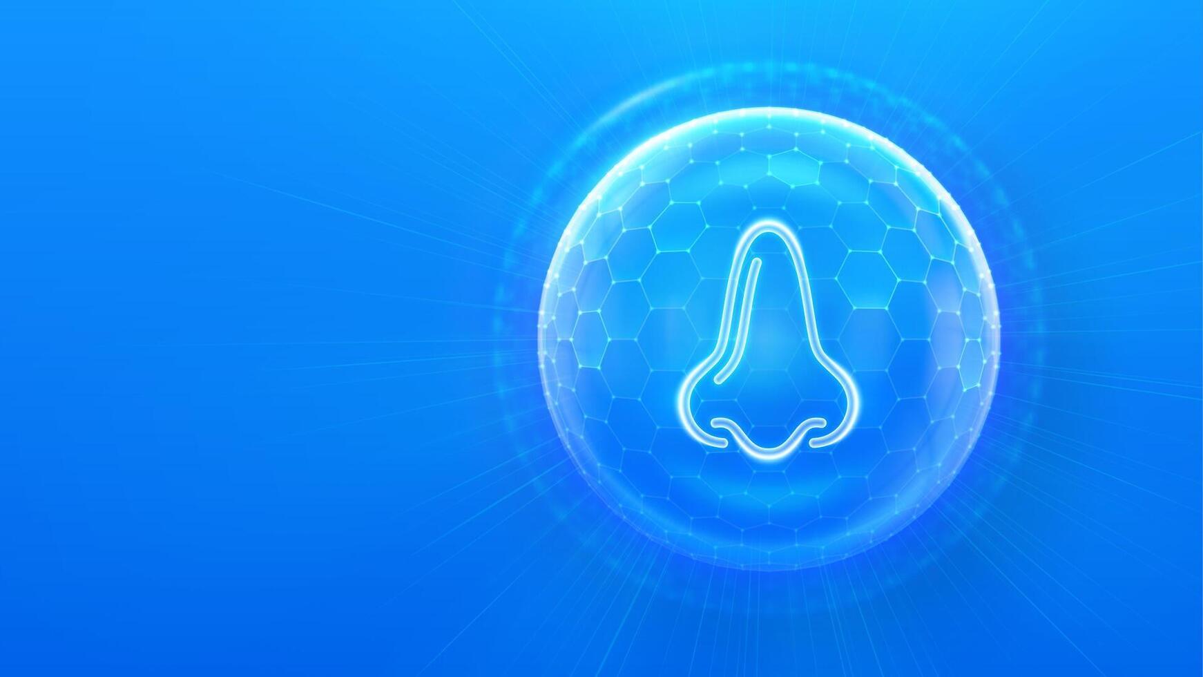 Human nose and respiratory system care.Protection from viruses, dust and allergens. Healthcare. Nose icon inside protection sphere shield with hexagon pattern on blue background vector