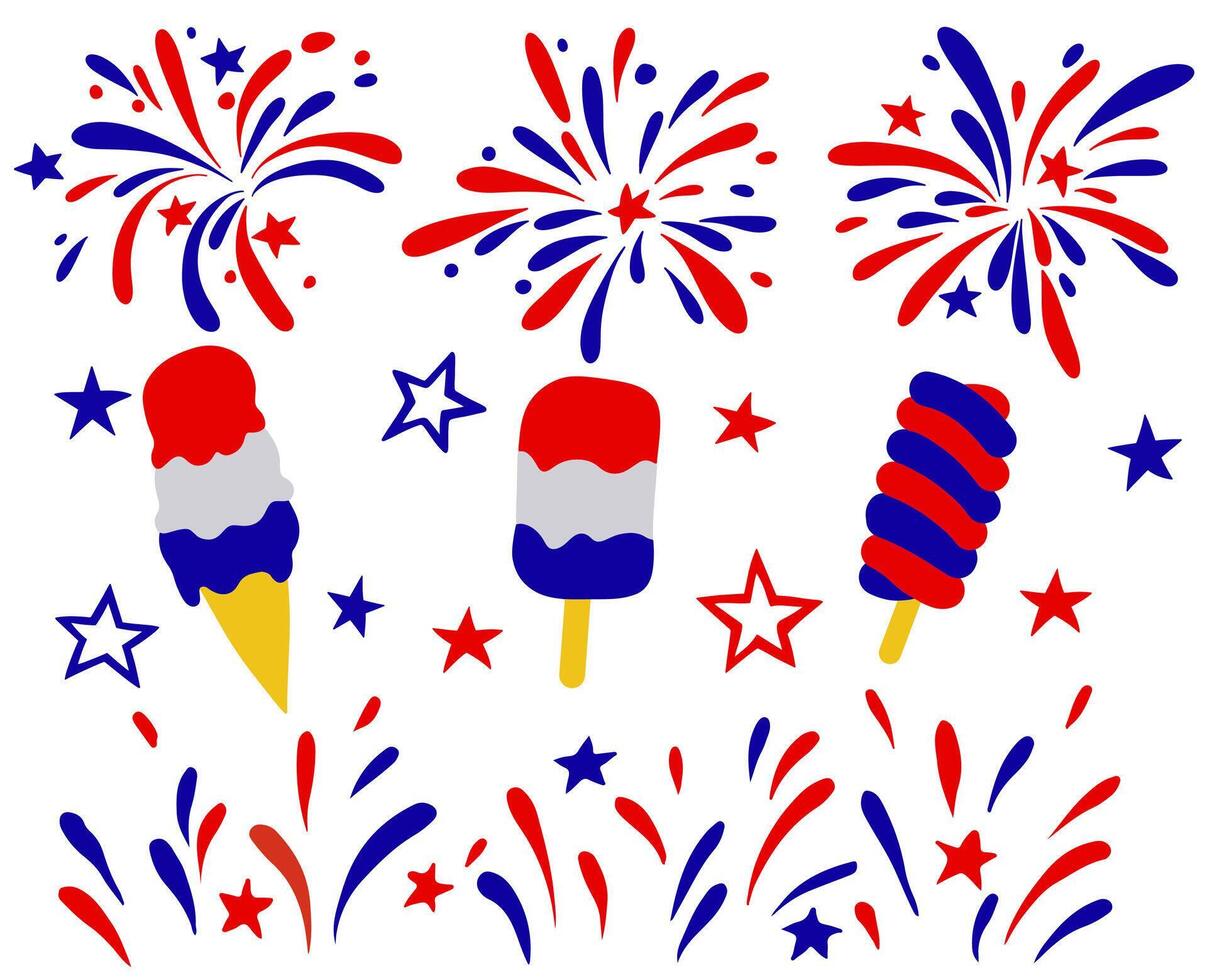 Set of fireworks and elements for American Independence Day. vector