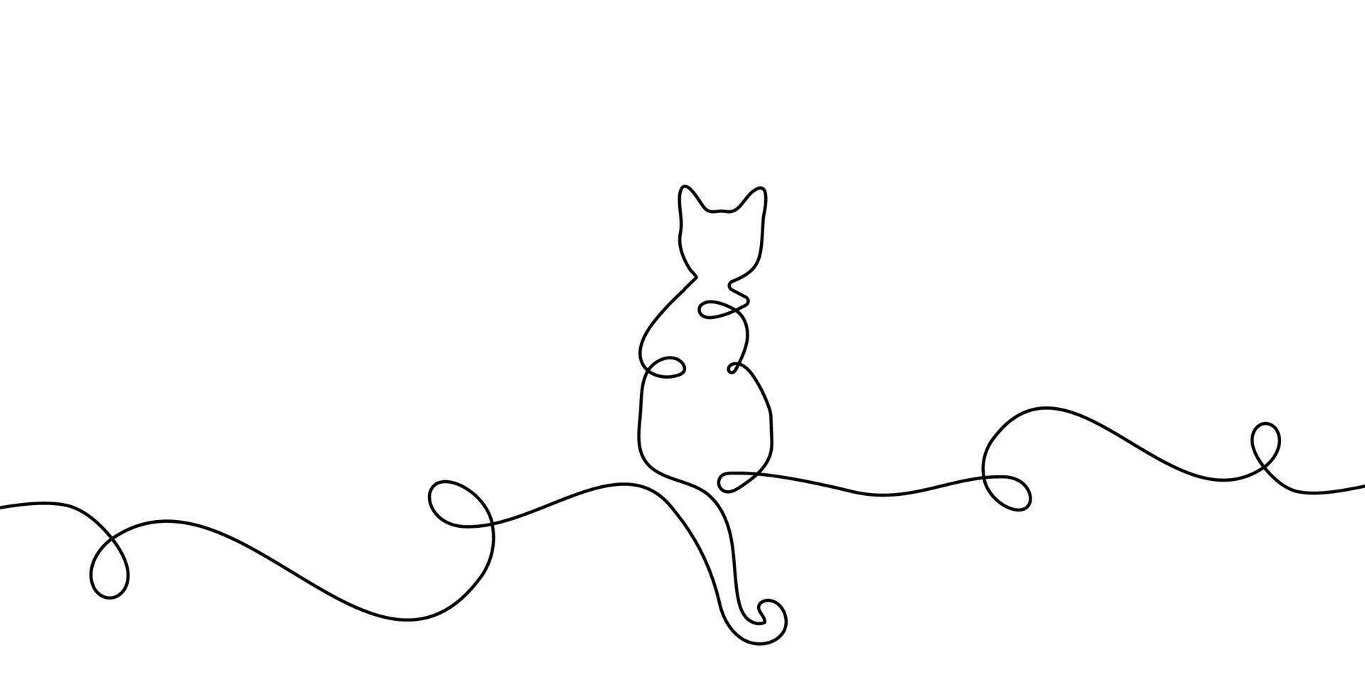 Continuous line cat pet one draw animal sketch outline drawing. Line two cat 2 happy couple doodle kitten white black background cute illustration friendship clipart silhouette contour back art vector