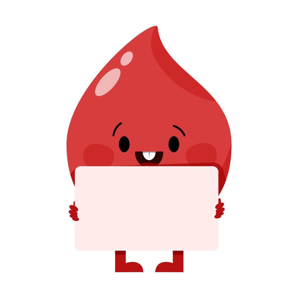 Cute blood drop character standing and holding sign vector