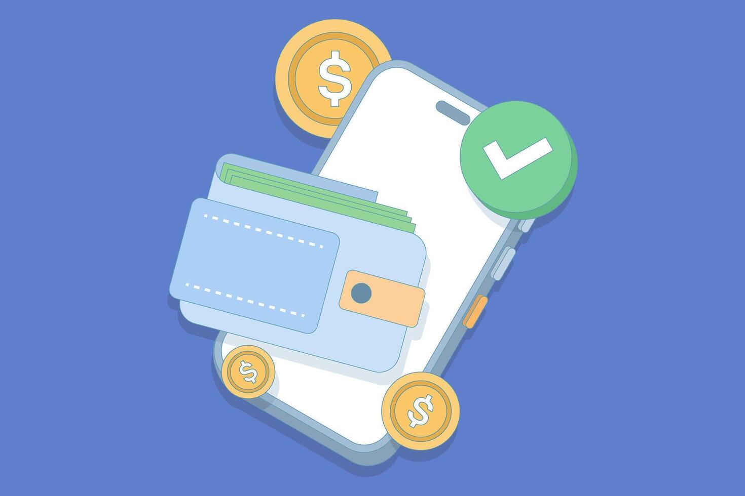 digital wallet and mobile transaction concept. wallet containing cash stored in a smartphone. customizable e-wallet with digital currency. online transaction. flat style design illustration. vector