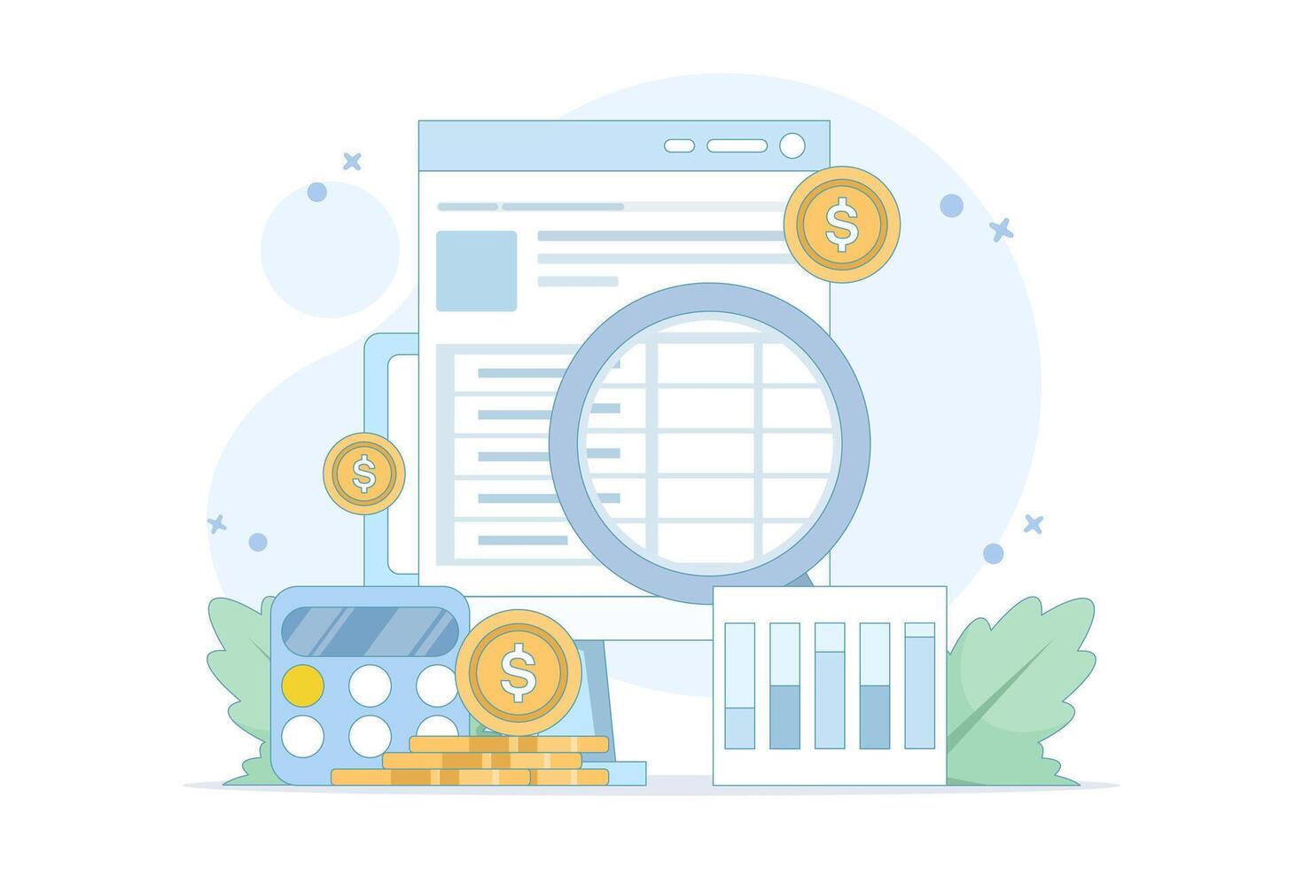 Income tax calculation concept, calculating income and filling tax forms, completing tax forms with calculator. Financial statements, Annual Tax Returns, Financial documents. illustration. vector