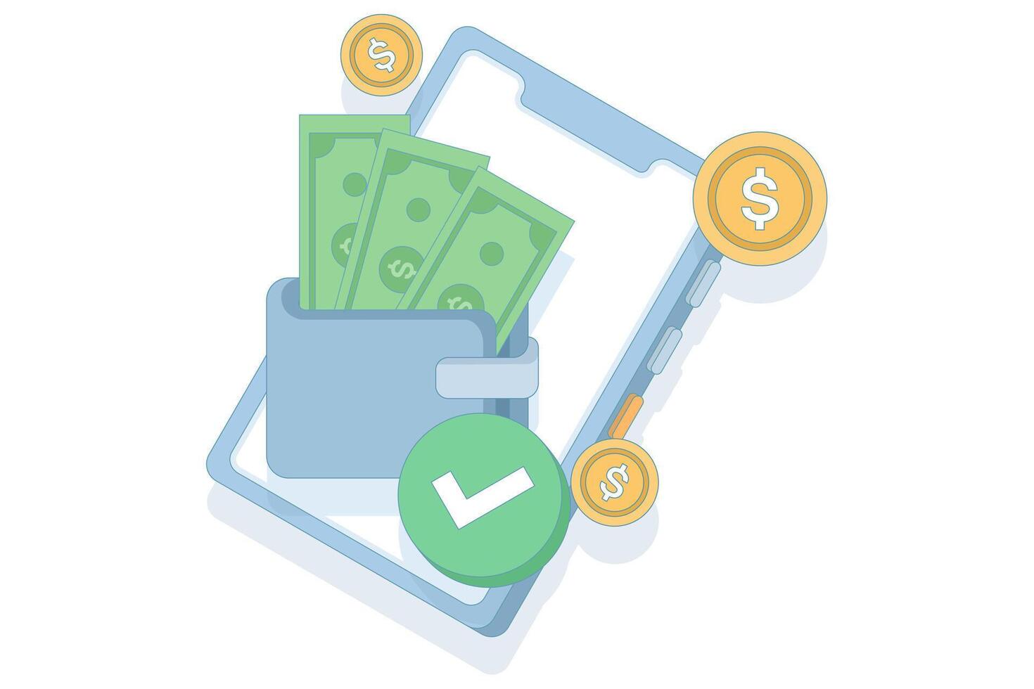 digital wallet and mobile transaction concept. wallet containing cash stored on a smartphone. customizable e-wallet with digital currency. online transaction. design illustration. vector