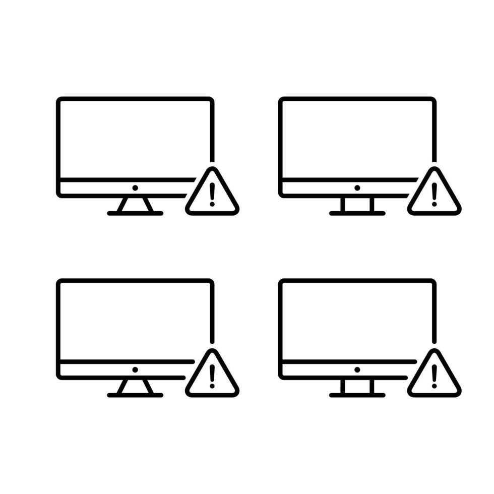 Computer error icon set in line style. Warning sign on PC screen symbol vector