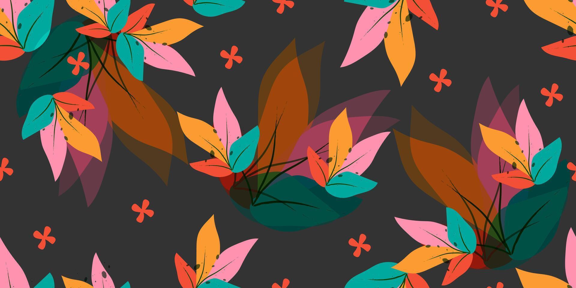 Exotic hand drawn flowers and leaves, seamless patterns with floral for fabric, textiles, clothing, wrapping paper, cover, banner, home decor, abstract backgrounds. vector