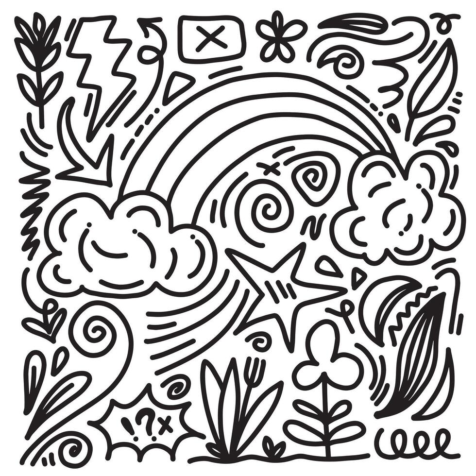 hand-drawn doodle kids. Various icons such as rainbow, stars, lightning, arrows, leaves, flower isolated on white background. vector