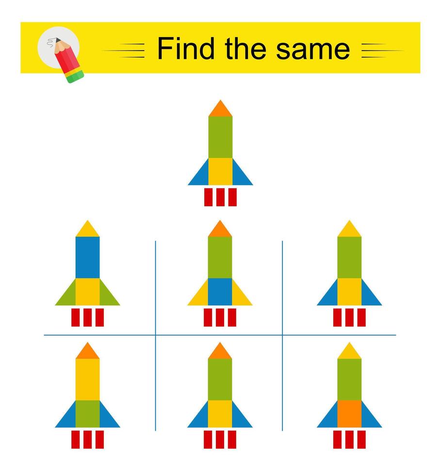 Puzzle game for kids. Task for development of attention and logic. Need to find same group of rocket ship. vector