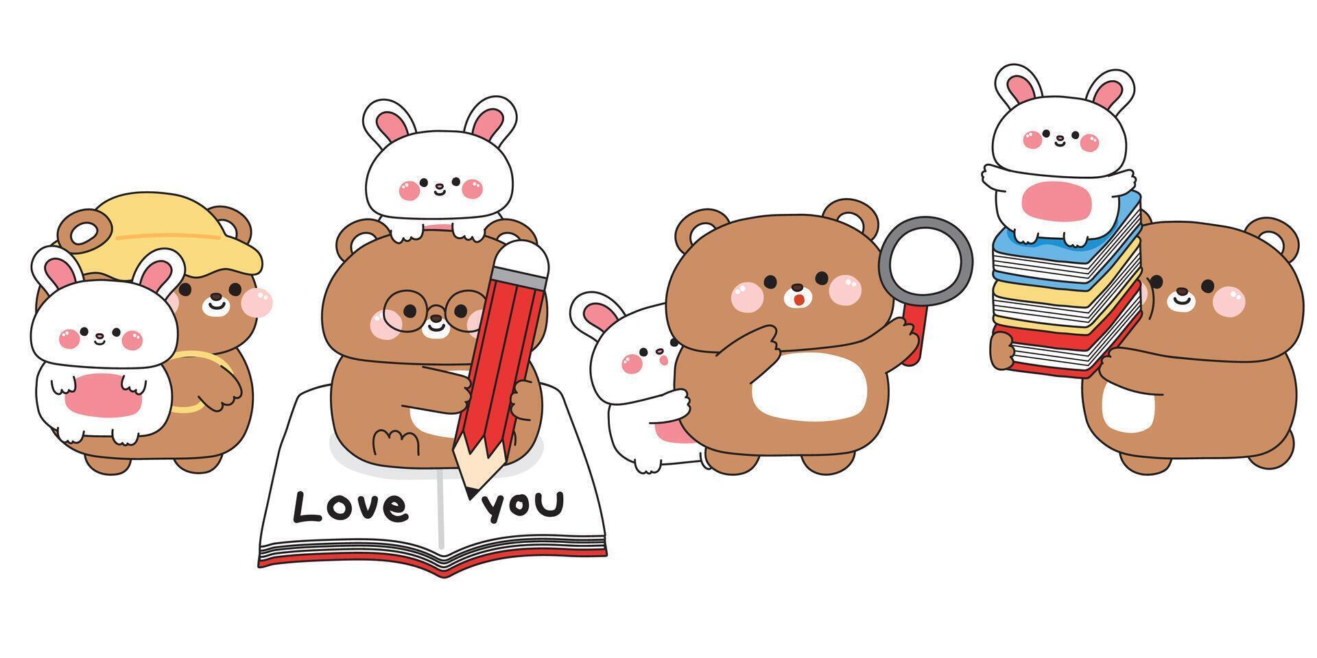 Set of cute teddy bear and rabbit in back to school concept.Student and teacher.Book and pencil.Study learn.Wild and rodent animal character cartoon.Kawaii.Illustration vector