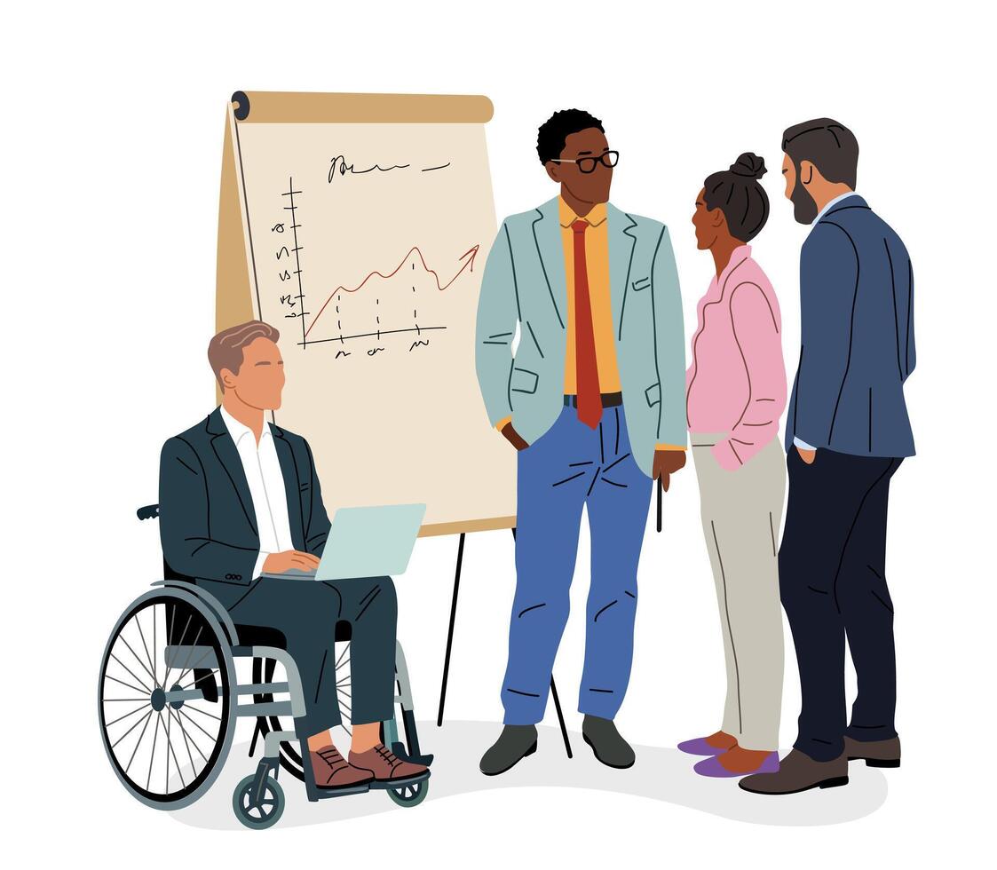 Diverse business team near flip chart with data vector