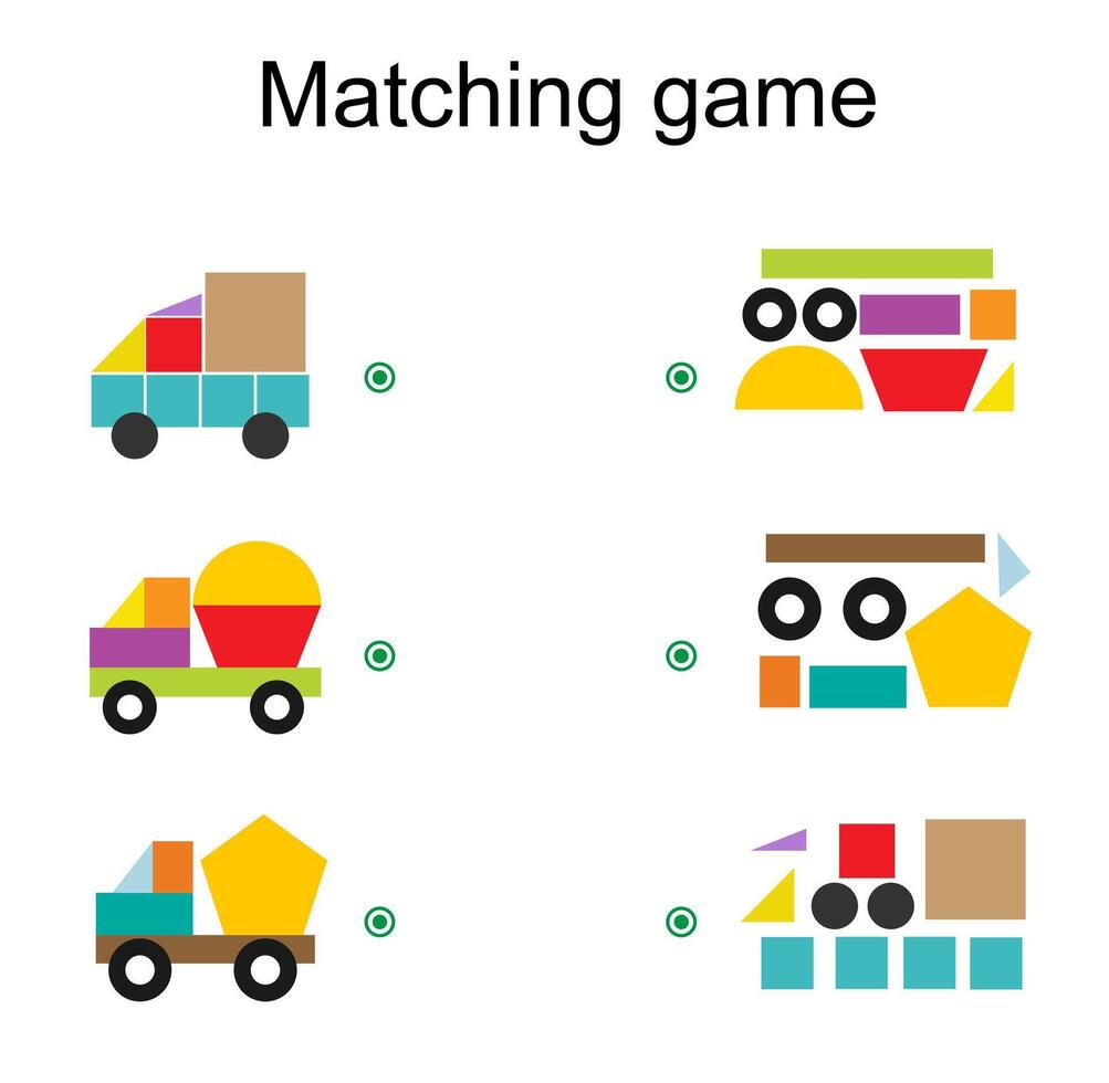 Matching game for kids. Find the correct set of cartoon truck and match. vector