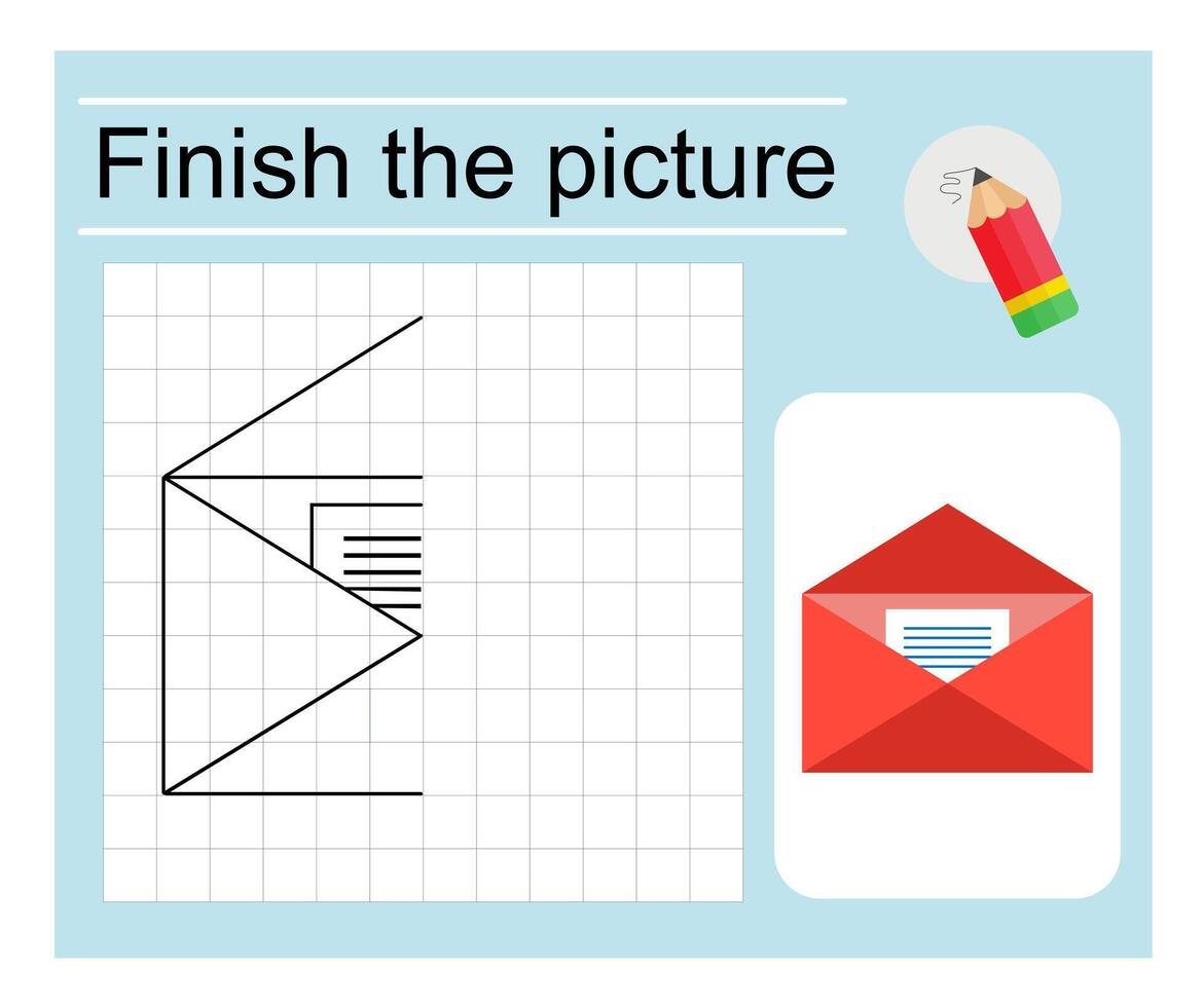 Logic game for children. Finish the picture - red envelope. Coloring page. vector
