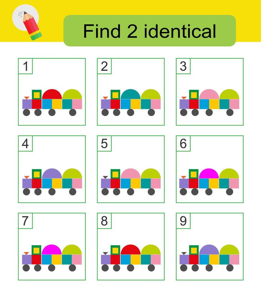 Fun puzzle game. Need to find two identical trains. Answer is 6,7. vector