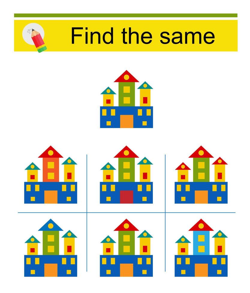 Puzzle game for kids. Task for development of attention and logic. Need to find same group of cartoon castle. vector