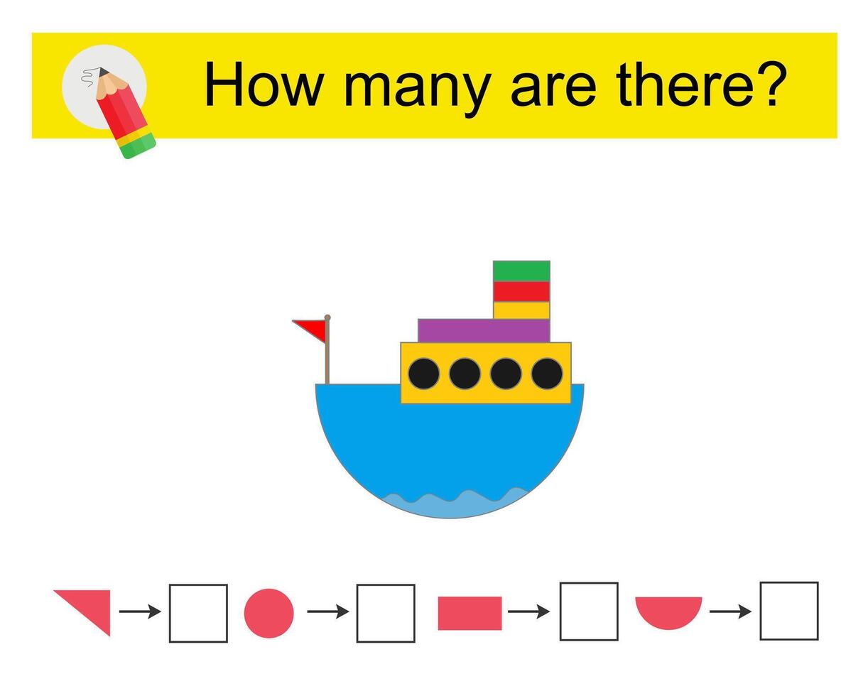 Math activity for children. How many geometric shapes Cartoon ship. vector