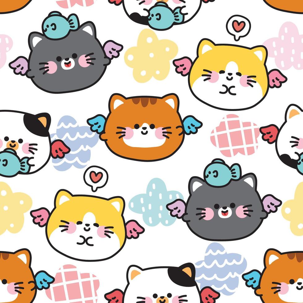 Pattern of cute cats with birds vector