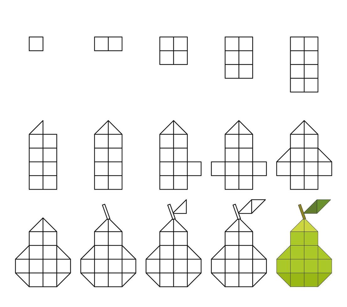 How to draw step by step Worksheet easy guide to drawing cartoon pear. Developing kids skills for drawing and coloring. vector