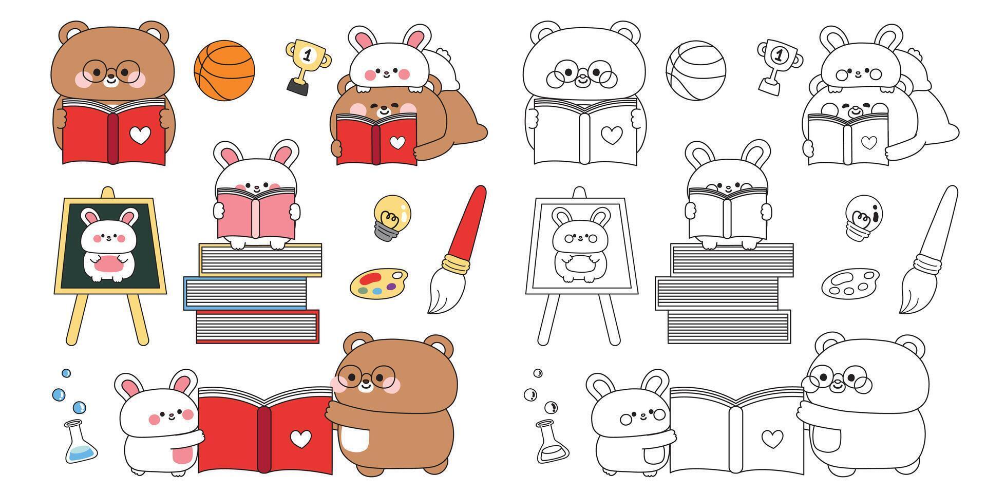 Cute animals reading and painting vector