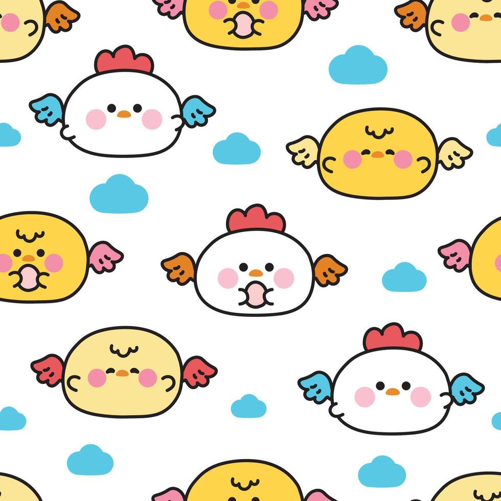 Seamless pattern of cute round shape hen and chicken have wing fly with egg cloud background.Angle.Farm bird animal character cartoon.Painting book.Kawaii.Illustration. vector