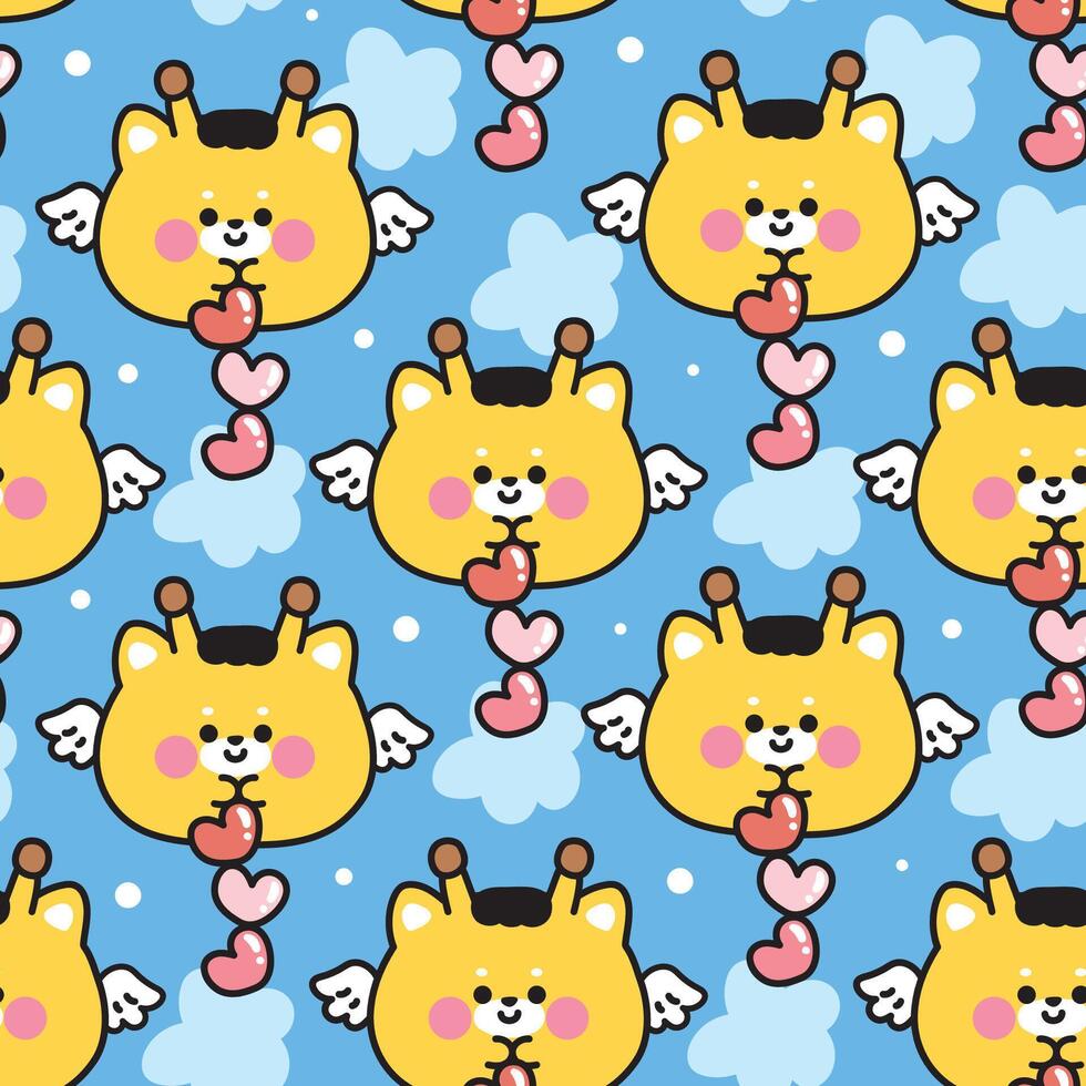 Seamless pattern of cute round shape giraffe have wing fly with heart sky star background.Valentines day.Angle.Wild animal character cartoon.Kawaii.Illustration. vector