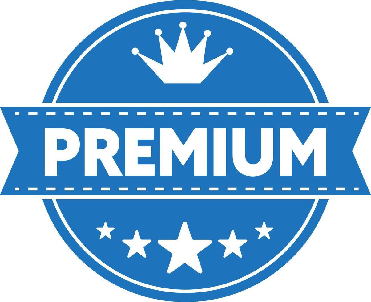 Premium Quality Badge, Premium quality badge in blue with stars and crown design. vector