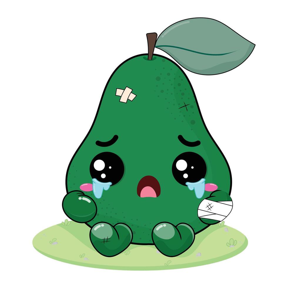 Sad And Crying Avocado Cartoon Character With Wound On His Body Sitting On The Green Grass vector