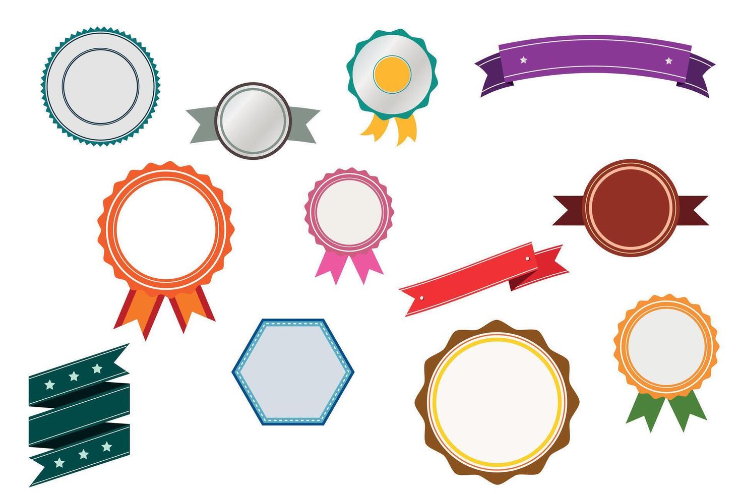 Colorful award badges and ribbons in various blank round and geometric shapes on white background vector