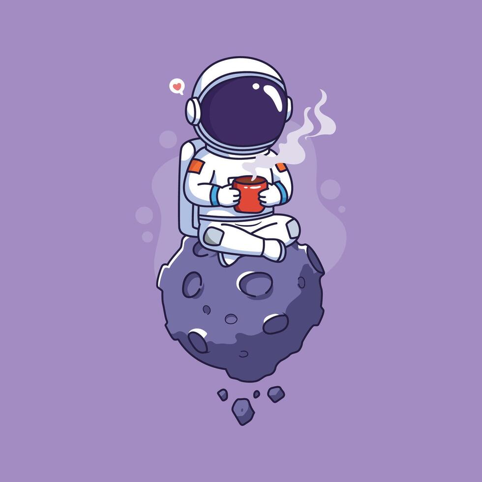 Cute Astronaut sitting on the moon and drinking coffee. illustration. vector