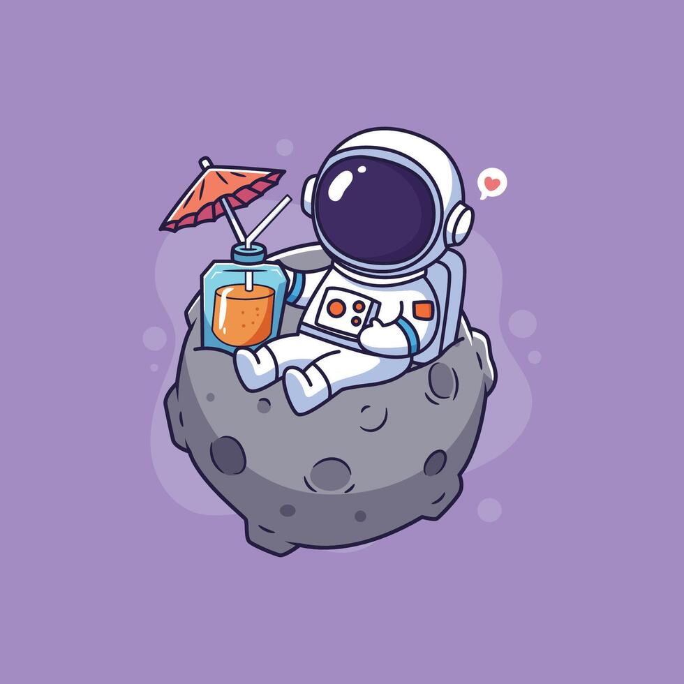 Cute Astronaut relaxing on the moon with a refreshing drink vector