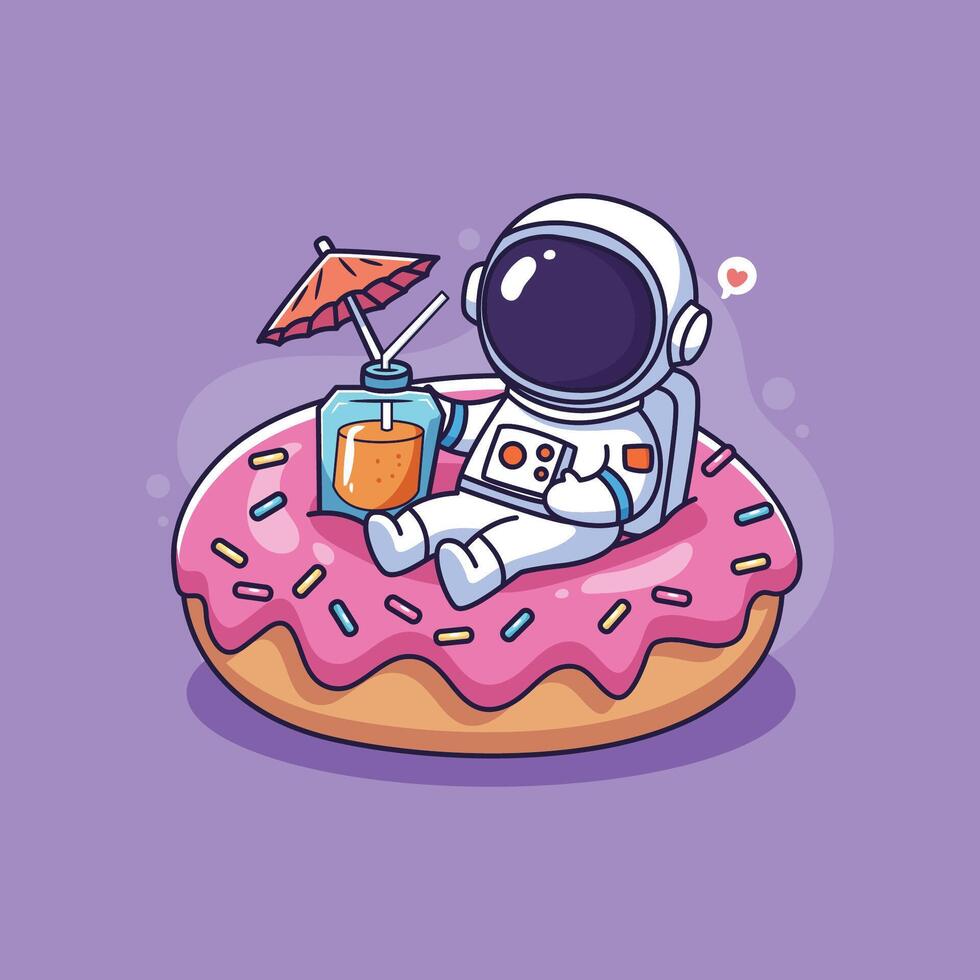 Astronaut on donut with drink vector