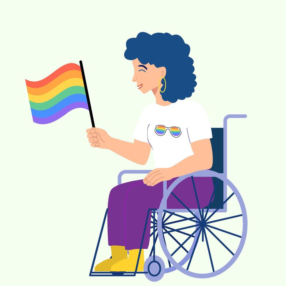 illustration of a smiling LGBTQ woman in a wheelchair holding a rainbow pride flag. A vibrant and inclusive design representing disability pride, empowerment, and love during Pride Month. Ideal vector