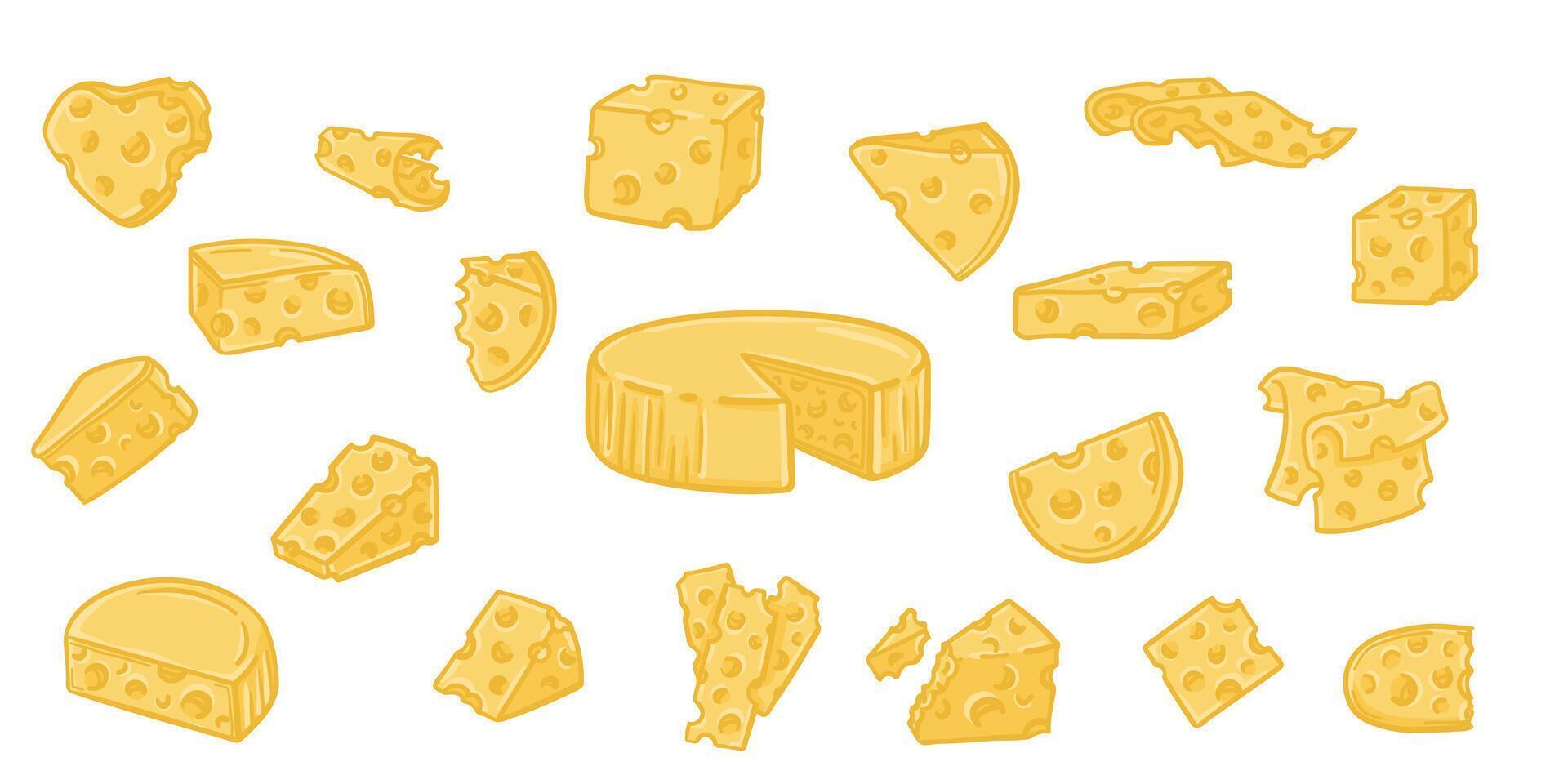 collection of cheese slice illustrations. Hand-drawn doodle style with wedges, blocks, and melted pieces. Perfect for food design, menus, packaging. EPS vector