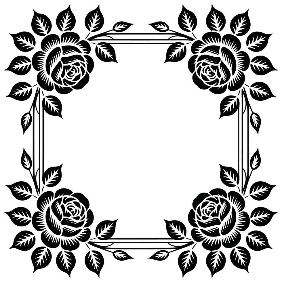 Black and white floral frame with roses vector