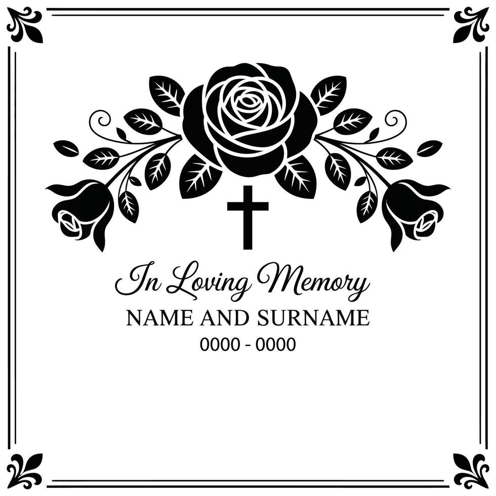 Funeral card template with black and white flowers vector
