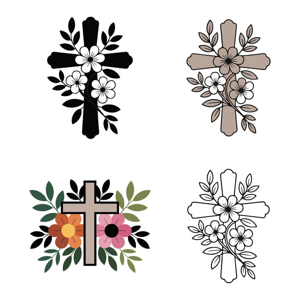 Four crosses and flowers on a white background vector