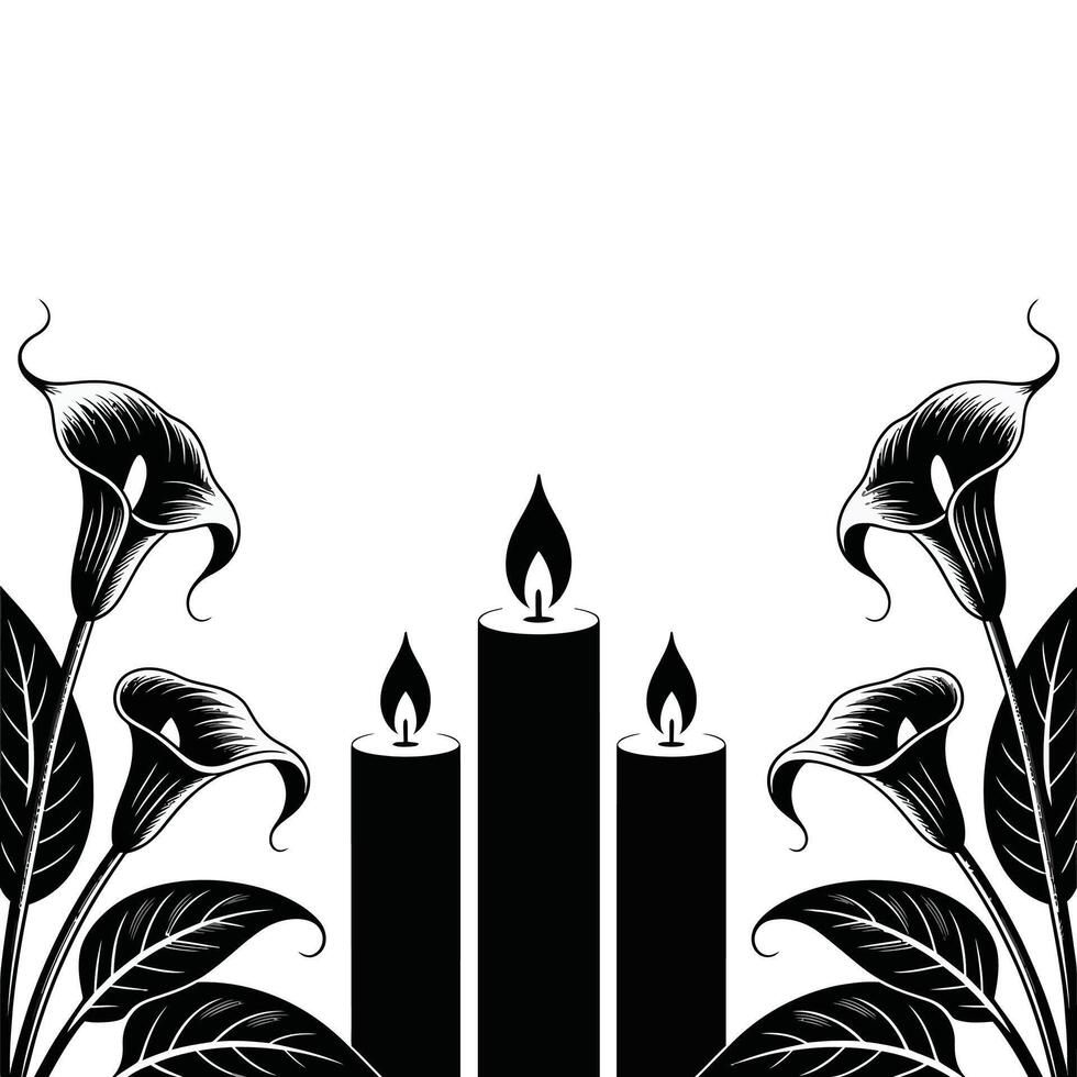 A black and white illustration of calla lilies and candles vector