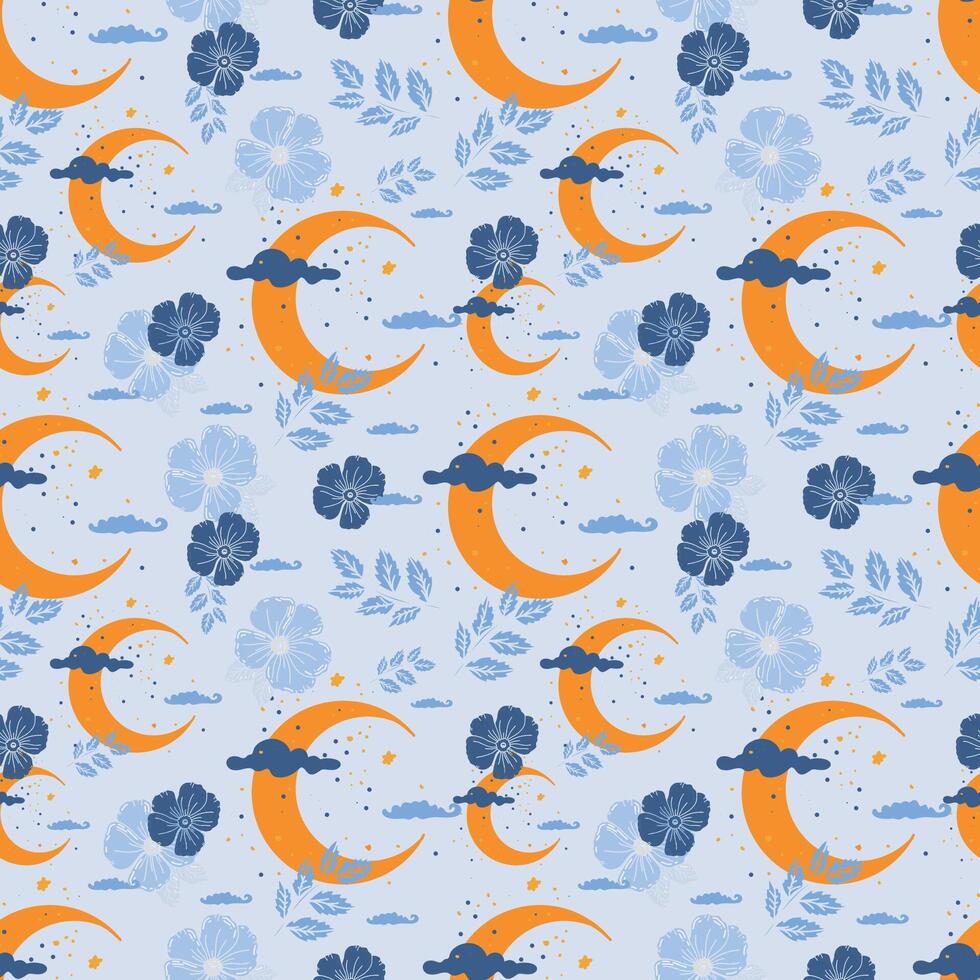 A pattern with the image of the sun, moon and stars, flowers. illustration of yellow and blue colors. vector