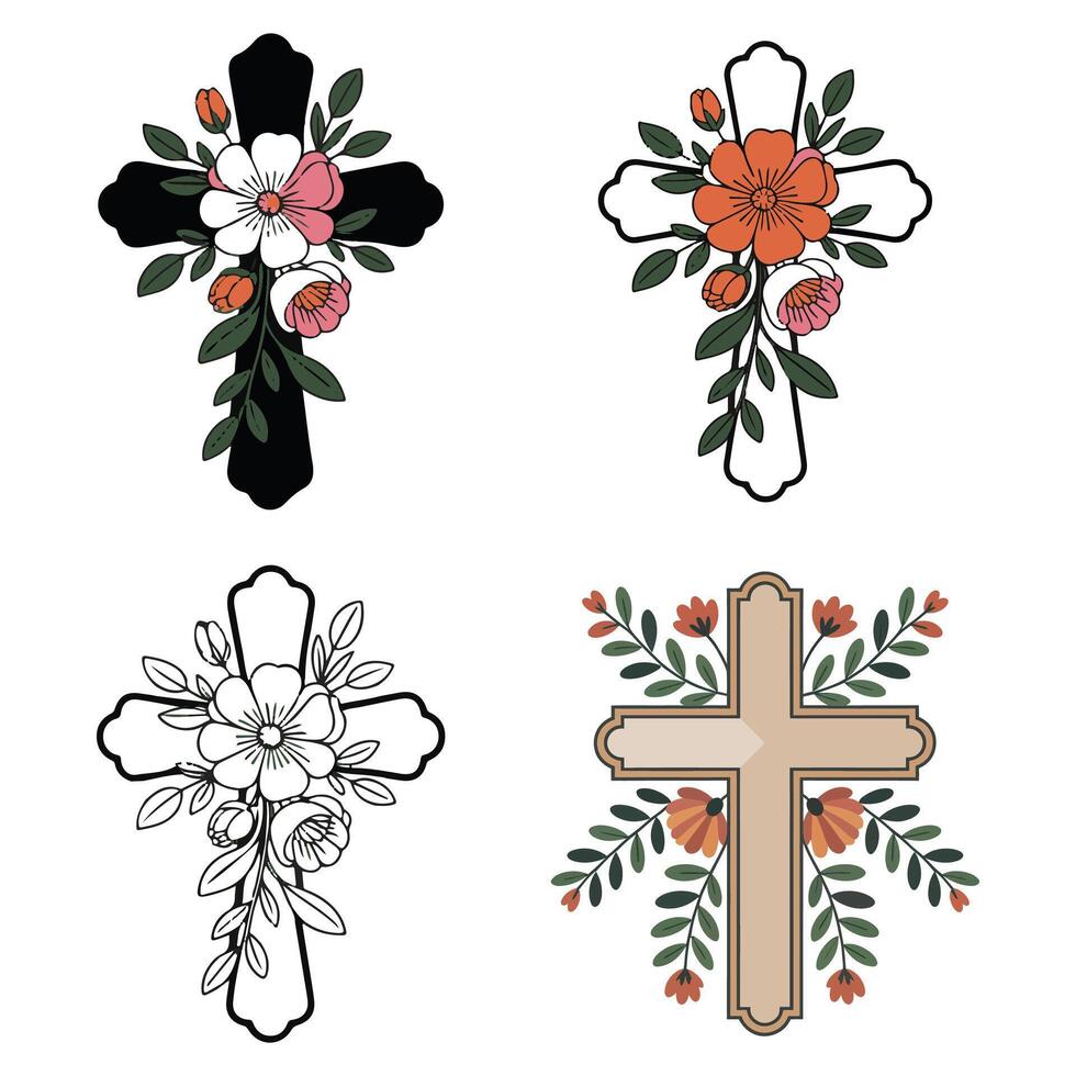 Four crosses with flowers and leaves vector