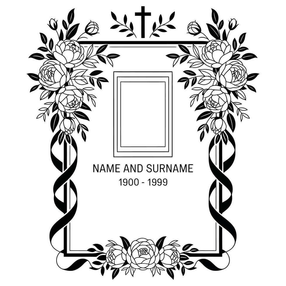 A black and white floral frame with a cross and a name vector