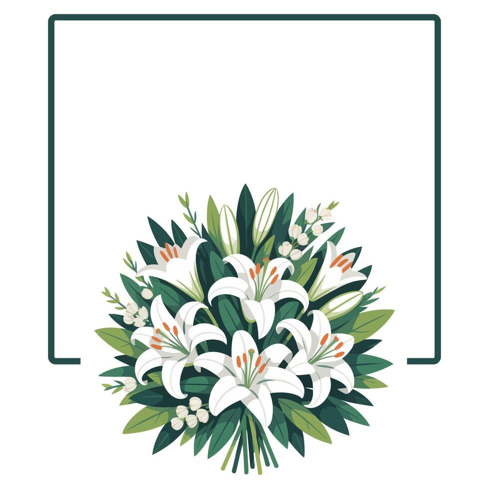 A bouquet of white lilies and leaves in a frame vector